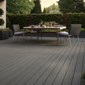 Composite decking in ash grey with two levels deck lights and ideal for a landscape gardener